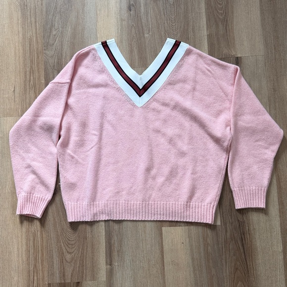 Sandro Pink Contrast Panel Striped V-Neck Sweater Red White Wool Blend Size XL - Picture 6 of 9